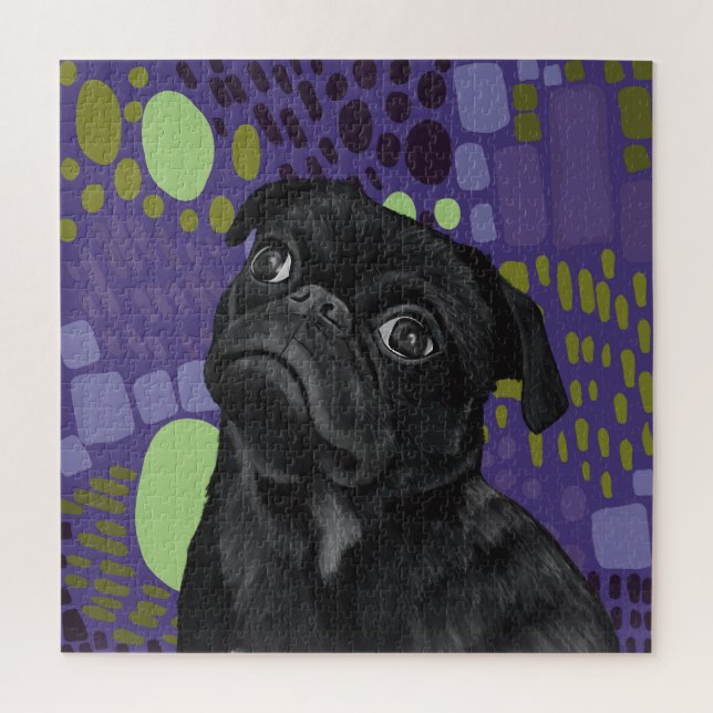 Quebra-cabeça Cachorro Negro Sentado Adorável no Abstrato Roxo (Vertical)