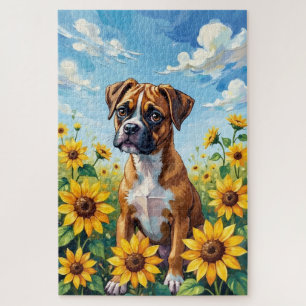 Quebra-cabeça Cachorro no Campo de Girassóis da Primavera Boxer