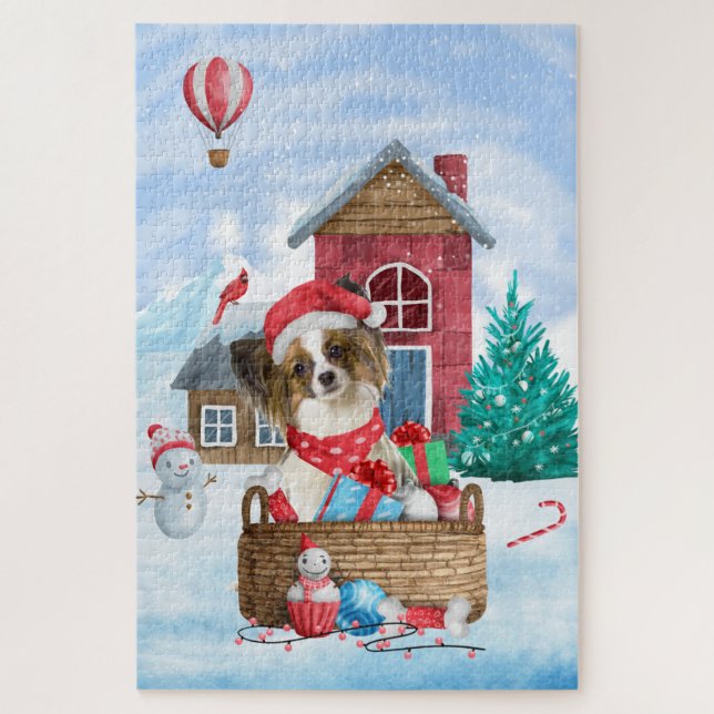 Quebra-cabeça Cachorro Papillon na Casa de Natal na Neve (Vertical)