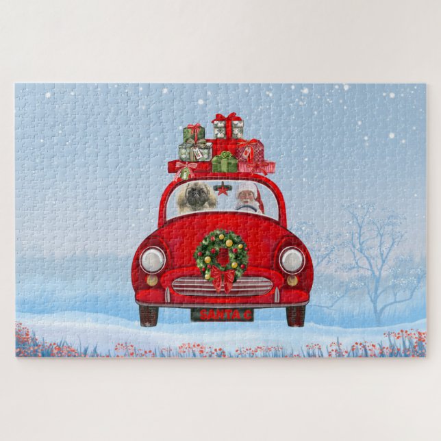 Quebra-cabeça Cachorro Pekingês No Carro Com Papai Noel (Horizontal)