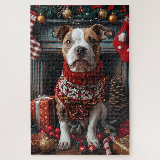 Quebra-cabeça Cachorro Pitbull com Lareira de presentes de Natal (Vertical)