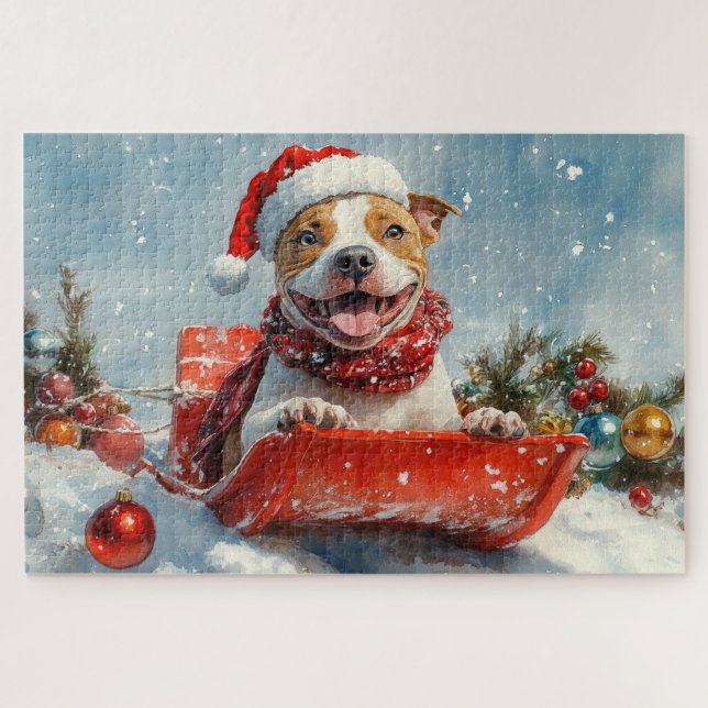 Quebra-cabeça Cachorro Pitbull em Trenó Deixe Nevar Natal (Horizontal)