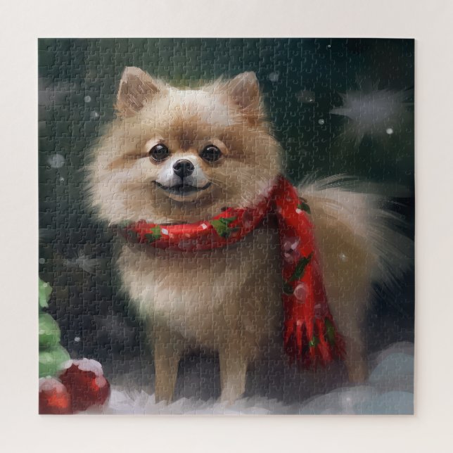 Quebra-cabeça Cachorro Pomerânia na Neve Natal (Vertical)