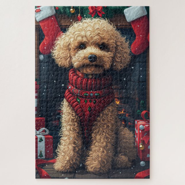 Quebra-cabeça Cachorro Poodle com Presentes de Natal Lareira (Vertical)
