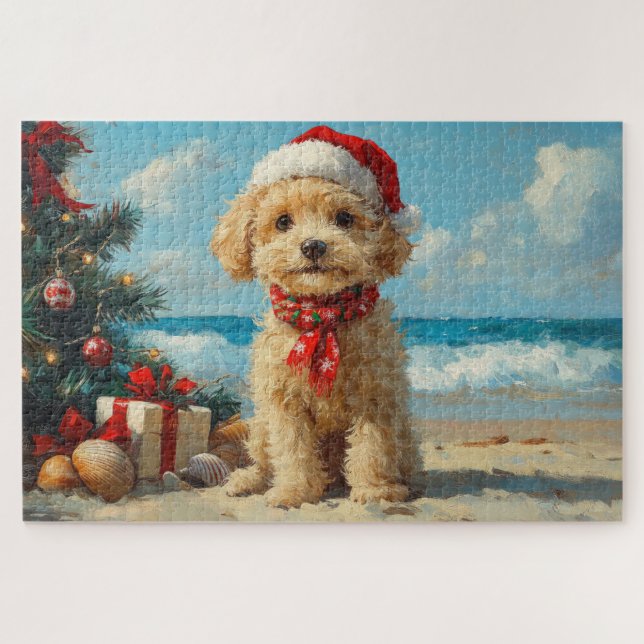 Quebra-cabeça Cachorro Poodle Natal Praia Vintage (Horizontal)