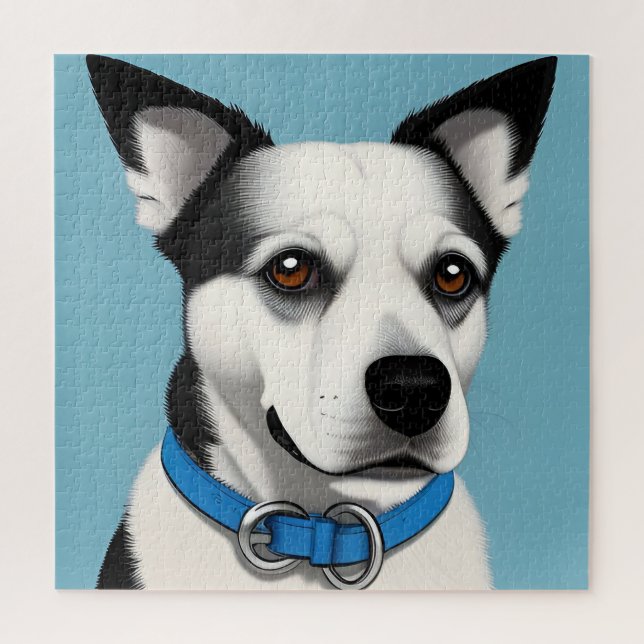 Quebra-cabeça Cachorro Preto e Branco com Coleira Azul (Vertical)