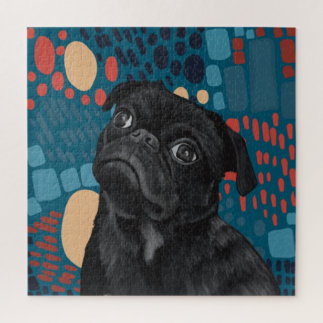 Quebra-cabeça Cachorro Preto Sentado Adorável no Abstrato Azul (Vertical)