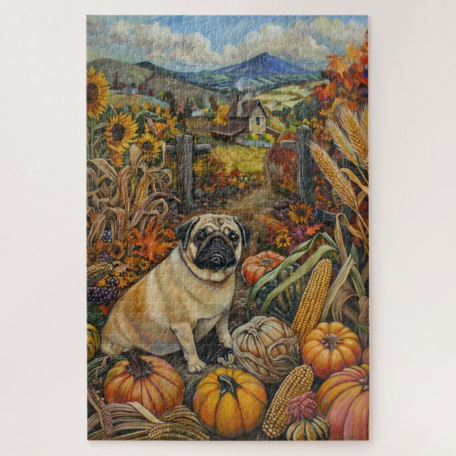 Quebra-cabeça Cachorro Pug Colheita de Outono Dia de Ação de Gra (Vertical)