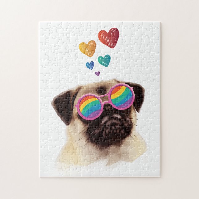 Quebra-cabeça Cachorro Pug com Corações Dia dos Namorados (Vertical)