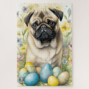 Quebra-cabeça Cachorro Pug com Ovos de Páscoa Feriado 