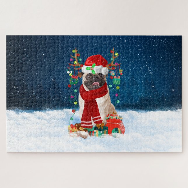 Quebra-cabeça Cachorro Pug com presentes de Natal (Horizontal)