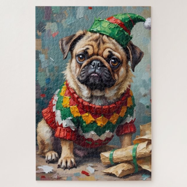 Quebra-cabeça Cachorro Pug Mal-humorado com Chapéu de Elfo Arte  (Vertical)