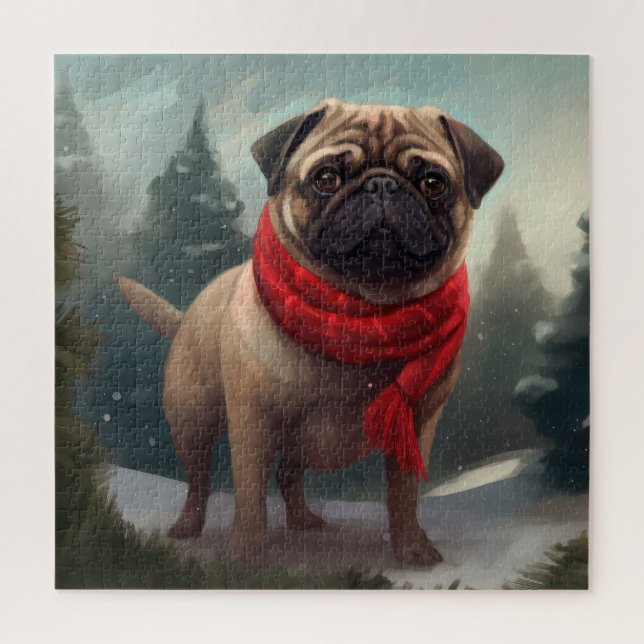 Quebra-cabeça Cachorro Pug na Neve Natal (Vertical)