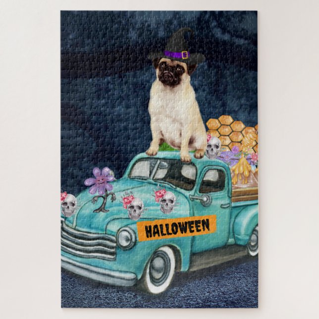 Quebra-cabeça Cachorro Pug no Caminhão de Halloween Noite Assust (Vertical)