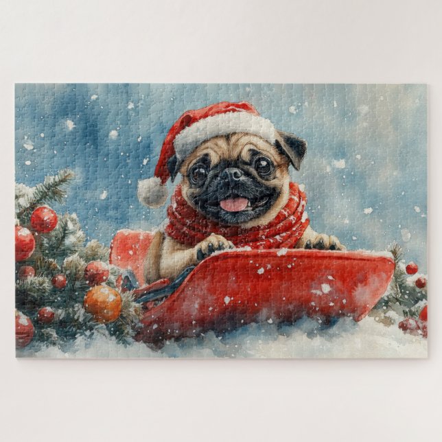 Quebra-cabeça Cachorro Pug no Trenó Deixe Nevar Natal (Horizontal)