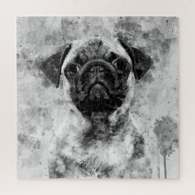 Quebra-cabeça Cachorro Pug Preto e Branco Aquarela 01 (Vertical)
