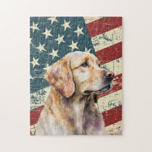 Quebra-cabeça Cachorro Retriever Loiro Bandeira Americana Grunge