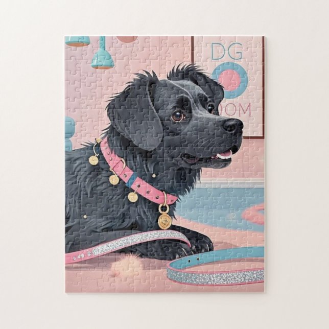 Quebra-cabeça Cachorro rosa, azul, blusa, mãe (Vertical)