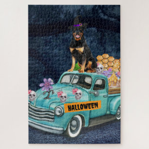 Quebra-cabeça Cachorro Rottweiler Caminhão de Halloween Noite As