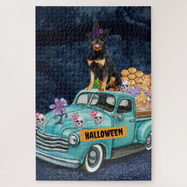Quebra-cabeça Cachorro Rottweiler Caminhão de Halloween Noite As (Vertical)