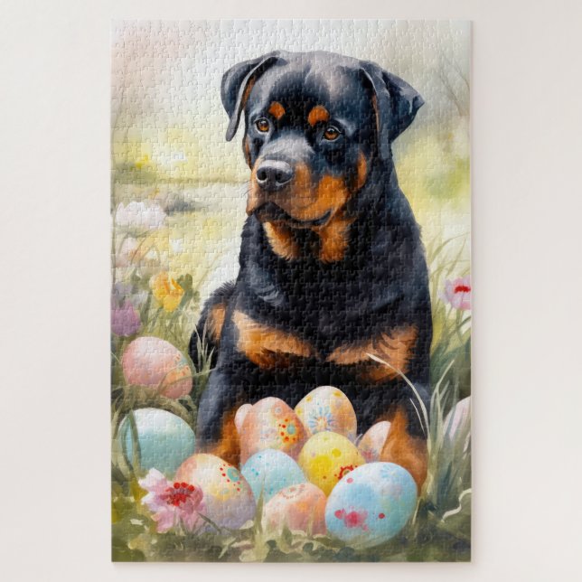 Quebra-cabeça Cachorro Rottweiler com Ovos de Páscoa Feriado  (Vertical)