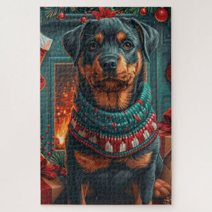 Quebra-cabeça Cachorro Rottweiler Com Presentes De Natal Lareira