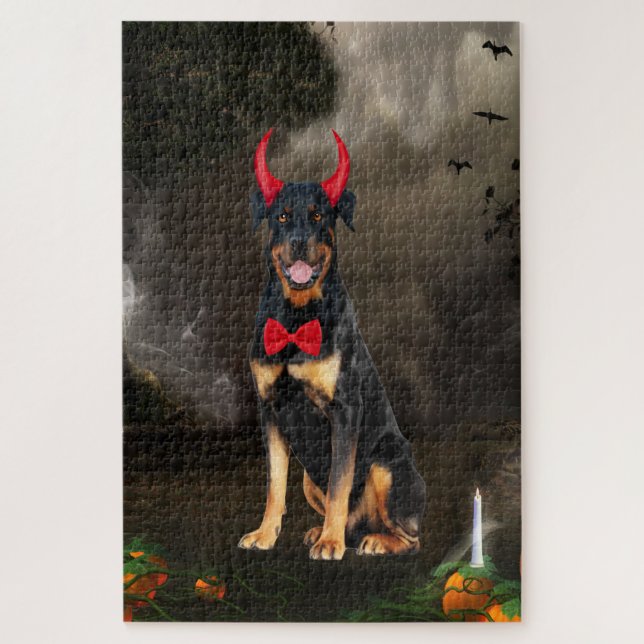 Quebra-cabeça Cachorro Rottweiler em Fantasia de Halloween (Vertical)