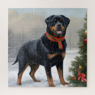 Quebra-cabeça Cachorro Rottweiler na Neve Natal
