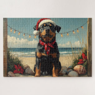Quebra-cabeça Cachorro Rottweiler Natal Praia Vintage