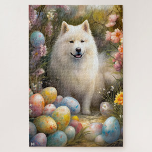 Quebra-cabeça Cachorro Samoyed com Feriado de Ovos de Páscoa