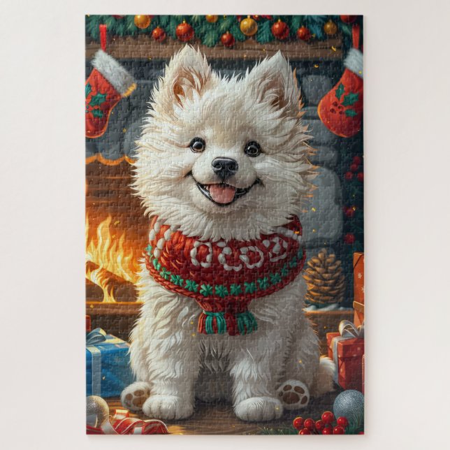 Quebra-cabeça Cachorro Samoyed Com Lareira De presentes de Natal (Vertical)