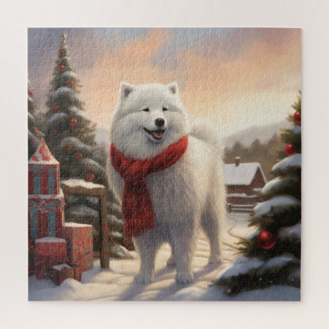 Quebra-cabeça Cachorro Samoyed no Natal da Neve (Vertical)