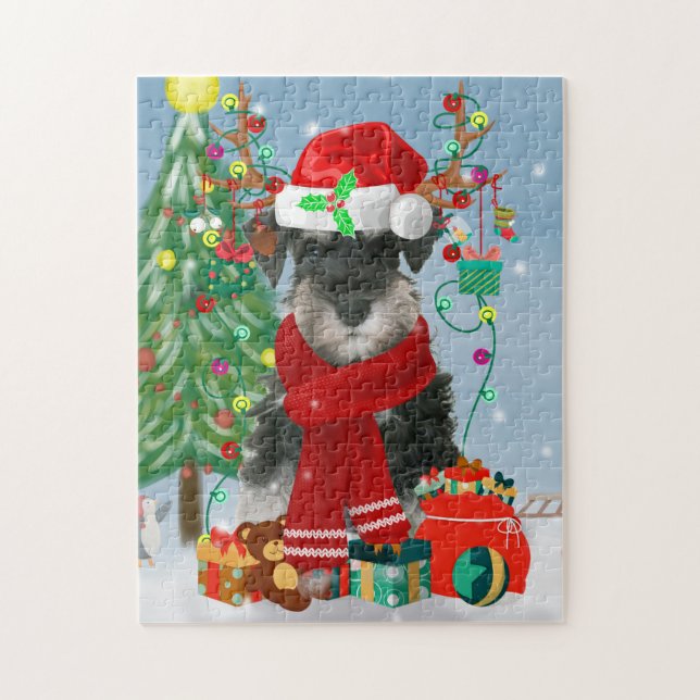Quebra-cabeça Cachorro Schnauzer no Natal da Neve (Vertical)