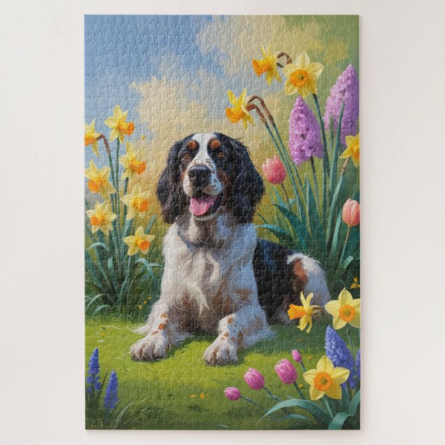 Quebra-cabeça Cachorro Setter Inglês Pintura de Flores de Primav (Vertical)