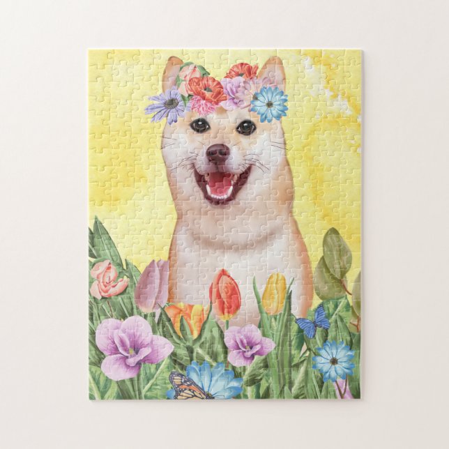 Quebra-cabeça Cachorro Shiba Inu com Primavera de Flores (Vertical)
