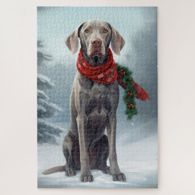Quebra-cabeça Cachorro Weimaraner na Neve Natal (Vertical)