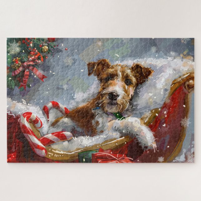 Quebra-cabeça Cachorro Wire Fox Terrier Natal Festivo (Horizontal)