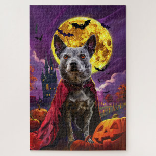 Quebra-cabeça Cachorros de Heeler Azul Halloween Pumpkins assust