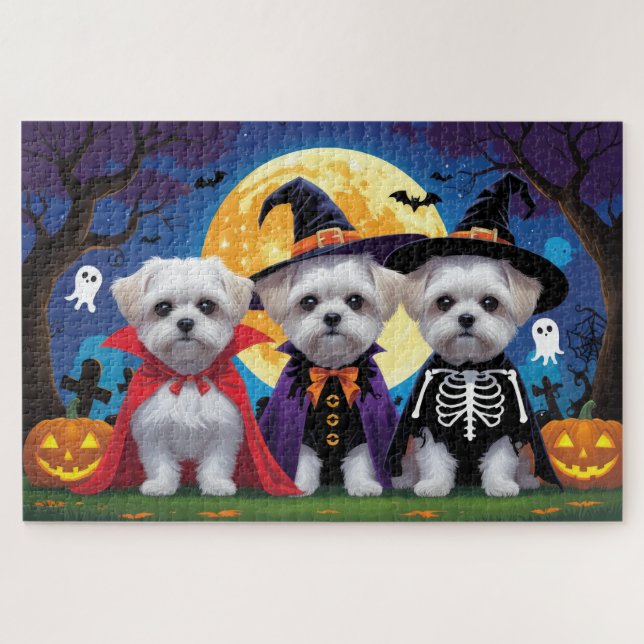 Quebra-cabeça Cachorros Malteses Pumpkin Halloween Engraçado (Horizontal)
