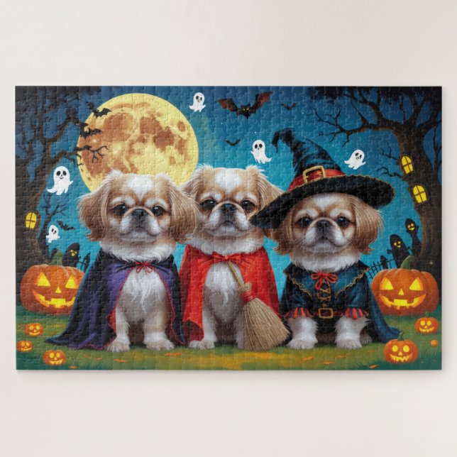Quebra-cabeça Cachorros Pekingeses Pumpkin Halloween Engraçado (Horizontal)