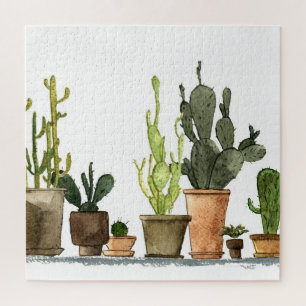 Quebra-cabeça Cactos de Aquarela Verde: Potes Desenhados À Mão