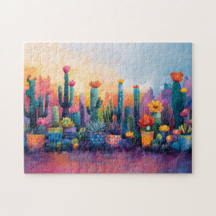 Quebra-cabeça Cactus e Flores Vibrantes de Aquarelas