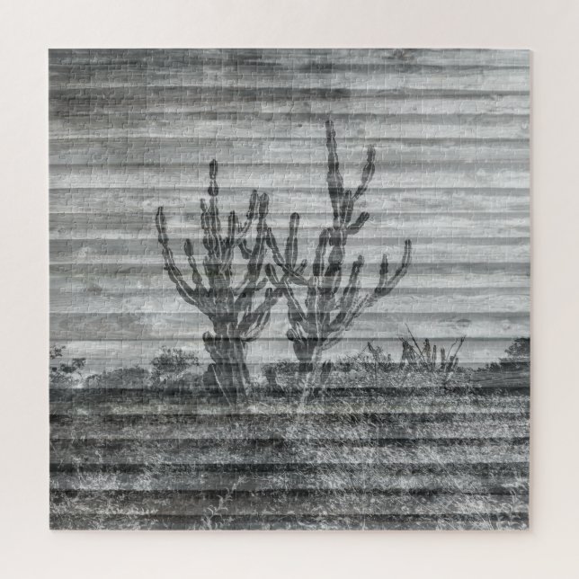 Quebra-cabeça Cactus Plants On Wood Planks Black And White Photo (Vertical)