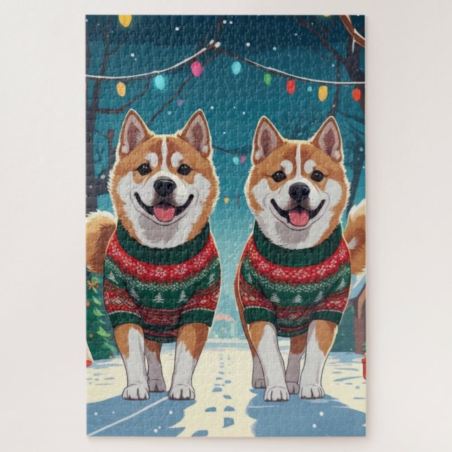 Quebra-cabeça Cães Akita Natal Neve Férias (Vertical)