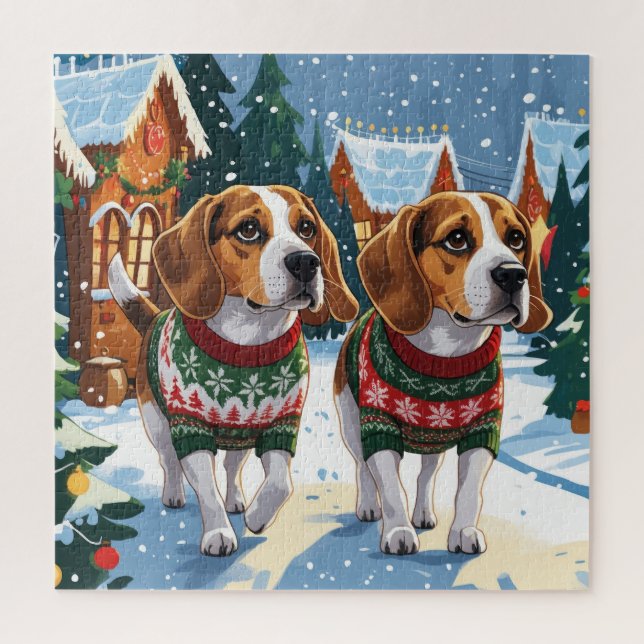 Quebra-cabeça Cães Beagle Natal Neve Férias (Vertical)