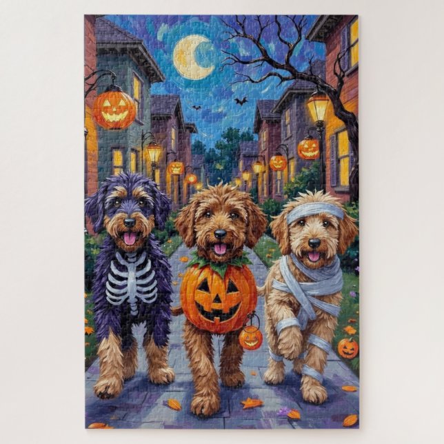 Quebra-cabeça Cães Bernedoodle fazendo Trick-or-Treating no Dia  (Vertical)