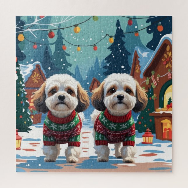 Quebra-cabeça Cães Bichon Frise Natal Neve Festa (Vertical)