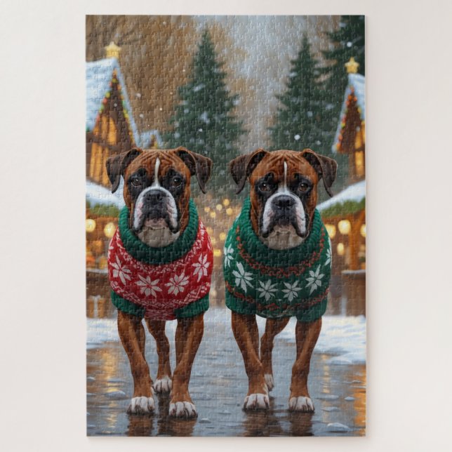 Quebra-cabeça Cães Boxer Natal Neve Férias  (Vertical)