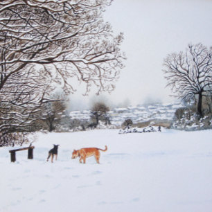 Quebra-cabeça cães brincando na cena da neve paisagem de inverno