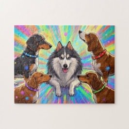 Quebra-cabeça Cães Cachorros com fundo arco-íris